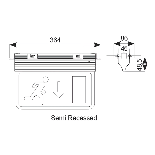 Ansell Eagle 3-in-1 LED exit sign diagram (semi-recessed)